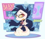 2025 4_fingers after_transformation age_regression ambiguous_gender animate_inanimate anthro badge black_body black_feathers black_tail black_tail_feathers blush blush_lines bubblepuppers carpet clothed clothing deltarune diaper diaper_creature diaper_puff directional_arrow english_text eyewear feathers fingers frown glasses hi_res multicolored_clothing multicolored_eyewear multicolored_glasses multicolored_shirt multicolored_topwear necktie one_eye_obstructed red_eyes red_necktie shirt sitting solo sparkles swatch_(deltarune) swatchling tail text topwear undertale_(series) wearing_diaper wearing_glasses