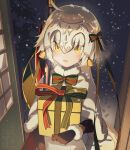  1girl ahoge bell black_gloves bow bowtie breath capelet christmas_present closed_mouth commentary doorway dress elbow_gloves fate/grand_order fate_(series) footprints fur-trimmed_capelet fur_trim fur_wrist_cuffs gift gloves green_bow green_bowtie hair_bow headpiece highres holding holding_gift jeanne_d&#039;arc_alter_santa_lily_(fate) jingle_bell long_hair looking_at_viewer open_door pov_doorway snow_on_head snowing solo striped_bow striped_bowtie striped_clothes teria_(teriarian) upper_body white_capelet white_dress white_hair white_wrist_cuffs wrist_cuffs yellow_eyes 