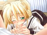  1girl blonde_hair blush fellatio game_cg green_eyes liliana_lun_lun_guenther long_hair oral penis princess_waltz school_uniform serafuku takeya_masami uncensored very_long_hair 