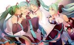  4girls aqua_eyes aqua_hair bad_id bad_pixiv_id hatsune_miku hatsune_miku_(vocaloid3) headset hubi hug kiss long_hair multiple_girls multiple_persona necktie smile twintails vocaloid vocaloid_append 