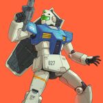  assault_visor beam_gun bmwsb0 commentary earth_federation earth_federation_space_forces energy_gun english_commentary feet_out_of_frame finger_on_trigger gm_(mobile_suit) green_visor gun gundam highres holding holding_gun holding_weapon mecha mecha_focus mobile_suit mobile_suit_gundam no_humans orange_background robot science_fiction shield simple_background solo standing turning_head weapon 