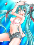  aqua_eyes aqua_hair blush bracelet breasts bustier cleavage cutoffs hair_ribbon hatsune_miku headphones jewelry long_hair looking_at_viewer medium_breasts microphone midriff navel nishi_kita open_fly open_mouth pointing ribbon shiny shiny_skin short_shorts shorts smile solo twintails unbuttoned unzipped very_long_hair vocaloid 