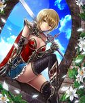  armor black_legwear blonde_hair boots breasts cape cleavage cloud day flower gauntlets green_eyes light_smile medium_breasts original pauldrons short_hair sky solo sword thighhighs weapon yoshino35 