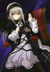  absurdres gothic_lolita hairband highres lolita_fashion lolita_hairband long_hair morimoto_hirofumi non-web_source nyantype official_art red_eyes rozen_maiden scan silver_hair socks solo suigintou 