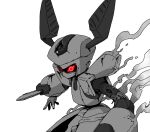  1boy arm_blade armor cowboy_shot highres humanoid_robot male_focus medarot red_eyes robot rokusho_(medarot) simple_background solo ten_(prop03) weapon white_armor white_background 