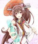  :d bare_shoulders bottle breasts brown_hair detached_sleeves flower hair_flower hair_ornament kantai_collection karamoneeze large_breasts long_hair long_sleeves looking_at_viewer open_mouth oriental_umbrella pink_eyes ramune shirt skirt smile solo umbrella very_long_hair yamato_(kantai_collection) 