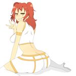  1girl artist_request ass bare_shoulders breasts freckles grin gundam gundam_00 long_hair nena_trinity red_hair short_twintails shorts sideboob sitting smile twintails two_side_up wariza yellow_eyes 
