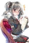  1girl :o belt blush chain chair drawing drill_hair garter_straps hair_ribbon idolmaster idolmaster_cinderella_girls kanzaki_ranko long_hair long_sleeves looking_at_viewer piromizu red_eyes ribbon silver_hair sitting sketchbook skirt solo twin_drills twintails 