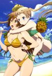  absurdres beach bikini blonde_hair blue_eyes breasts brown_eyes brown_hair chuunibyou_demo_koi_ga_shitai! cleavage cloud day dekomori_sanae feet food fruit glomp hair_ornament hairclip hat highres hug layered_bikini legs long_hair medium_breasts multicolored multicolored_bikini multicolored_clothes multicolored_stripes multiple_girls nibutani_shinka non-web_source nyantype ocean official_art open_mouth outdoors pineapple satou_tatsuya scan side-tie_bikini sky striped striped_bikini striped_swimsuit swimsuit twintails water 