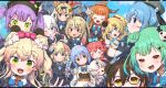  &gt;_&lt; 6+girls :d absurdres ahoge akai_haato animal_ear_fluff animal_ears baseball_cap bell beret black-framed_eyewear black_hair black_hat black_jacket blonde_hair blue_bow blue_eyes blue_hair blue_sky blurry blurry_background blush bow braid brown_hair closed_eyes cloud commentary_request day depth_of_field double_bun dragon_horns fake_horns fangs glasses green_eyes green_hair grey_skirt hair_bell hair_between_eyes hair_bun hair_ornament hairclip hat head_tilt heart heart_hands heart_hands_trio highres hololive horned_hat horned_headwear horns hoshimachi_suisei jacket jingle_bell kiryu_coco leaning_to_the_side letterboxed long_sleeves momosuzu_nene multicolored_hair multiple_girls nakiri_ayame omaru_polka oni orange_hair outdoors pink_hair plaid_hat pleated_skirt puffy_long_sleeves puffy_sleeves purple_hair rabbit_ears rakugakiraid red_eyes roboco-san round_eyewear sakura_miko sheep_horns shirakami_fubuki shiranui_flare short_eyebrows skirt skull_hair_ornament sky sleeves_past_wrists smile streaked_hair thick_eyebrows tokoyami_towa tsunomaki_watame twin_braids twintails two-tone_hair uruha_rushia usada_pekora v virtual_youtuber white_hair x_hair_ornament xd yellow_eyes 