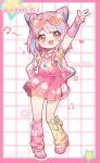  1girl argyle_bow arm_up artist_name asymmetrical_legwear backpack bag bead_necklace beads belt blue_bow blue_hair border bow bow_legwear braid character_print cherilynorz cloud_print cone_hair_bun copyright_name dot_nose double_bun dress eyelashes eyewear_on_head frilled_dress frills full_body grid_background hair_bun halftone hand_on_own_hip happy heart heart-shaped_eyewear highres infinity_nikki jewelry leg_warmers light_blush loafers long_hair mismatched_legwear momo_(nikki) multicolored_hair musical_note necklace nikki_(series) open_mouth orange-tinted_eyewear orange_eyes outline outside_border pinafore_dress pink_arm_warmers pink_bag pink_belt pink_border pink_dress pink_hair pink_leg_warmers pink_shoes pleated_dress ribbon ribbon-trimmed_leg_warmers ribbon_legwear ribbon_trim shirt shoes short_dress short_sleeves side_braids single_stripe sleeveless sleeveless_dress smile solo sparkle standing star-shaped_bag star_(symbol) star_in_eye star_print streaked_hair striped_belt sunglasses sweet_rhapsody_(infinity_nikki) symbol_in_eye t-shirt tareme tinted_eyewear twin_braids two-tone_bow two-tone_hair v white-framed_eyewear white_background white_outline white_ribbon yellow_bow yellow_leg_warmers yellow_shirt 