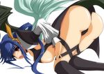  all_fours ass asymmetrical_wings bare_shoulders blue_hair blush bow breast_press breasts choker dizzy guilty_gear hair_bow large_breasts long_hair looking_back navel open_mouth red_eyes ribbon solo tail tail_ribbon tears thighhighs twintails underboob wings yuuk33 
