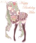  bad_id bad_pixiv_id boots bouquet character_name dated detached_sleeves flower full_body green_eyes green_hair hair_flower hair_ornament happy_birthday hatsune_miku highres kiku--kiku leaning_forward long_hair pigeon-toed skirt solo tattoo thigh_boots thighhighs twintails very_long_hair vocaloid white_background 