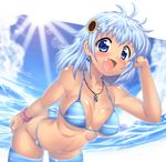  :d ass bare_shoulders bikini blue_eyes blue_hair blush breasts cloud dark_skin day earrings fang fisheye hair_ornament hairclip hase_yu jewelry large_breasts lens_flare light_rays looking_at_viewer necklace open_mouth original shiny shiny_skin short_hair skindentation sky smile solo strap_gap striped striped_bikini sunbeam sunlight swimsuit thighhighs 