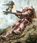  absurdres aiming colony_interior commentary_request flying from_side gun gundam highres holding holding_gun holding_weapon horns mecha mecha_focus mobile_suit mobile_suit_gundam no_humans one-eyed red_eyes robot rock science_fiction shoulder_spikes single_horn spikes thrusters weapon youkoumori zaku_ii zaku_ii_s_char_custom zeon 
