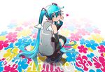  aqua_eyes aqua_hair bare_shoulders flower hatsune_miku heart long_hair looking_back ok_sign one_eye_closed s.h.v smile solo squatting thighhighs twintails very_long_hair vocaloid wings 