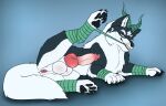  animal_genitalia animal_penis anus balls black_body black_fur black_nose black_pawpads blue_background blue_eyes canid canine canine_genitalia canine_penis cheek_tuft chest_tuft erection facial_tuft feral fur genitals green_horn grey_body grey_fur hi_res horn killthe_demon looking_at_viewer lying male male_feral mammal on_side pawpads penis pink_penis red_anus sheath simple_background solo tail tuft white_balls white_body white_fur white_sheath white_tail 