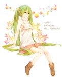  2013 absurdres bad_id bad_pixiv_id character_name dated flower full_body green_eyes green_hair hair_flower hair_ornament happy_birthday hatsune_miku highres hokano long_hair open_mouth shoes sitting solo tears twintails very_long_hair vocaloid white_background 