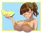  :q bad_id bad_pixiv_id bare_shoulders bikini_top breasts cleavage floral_print food fruit glasses highres huge_breasts kamezaemon looking_at_viewer melon o-ring o-ring_top original outside_border ponytail skindentation solo strap_gap sweat swimsuit tongue tongue_out underboob upper_body wet yellow_eyes 