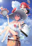  alternate_costume bag bare_legs bare_shoulders bat_wings blue_hair blush bottle cloud cooler day dress fan hakurei_reimu hat head_wings hitodama koakuma long_hair looking_at_viewer mary_janes multiple_girls panties pointy_ears red_eyes red_hair remilia_scarlet shin_(new) shirt shoes short_hair skirt sleeveless sleeveless_shirt straw_hat suitcase sun_hat sundress touhou underwear water_bottle white_panties wings 