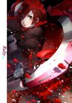  artist_name black_eyes cape character_name cici crescent_rose dress flower highres hood pantyhose petals red_hair rose rose_petals ruby_rose rwby scythe short_hair solo weapon 