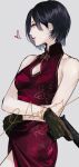 1girl ada_wong bare_shoulders black_gloves black_hair breasts china_dress chinese_clothes chinese_commentary cleavage_cutout closed_mouth clothing_cutout commentary_request cowboy_shot crossed_arms dress earrings gloves grey_background gun heart holding holding_gun holding_weapon jewelry lips looking_to_the_side medium_breasts meow_(cindy738) pink_lips red_dress resident_evil short_hair sleeveless sleeveless_dress solo stud_earrings weapon 