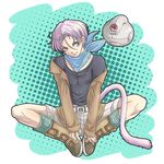  1boy blue_eyes boots dragon_ball dragon_ball_gt male male_focus robot short_hair sitting smile tail trunks_(dragon_ball) vico810 