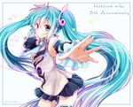  2013 aqua_eyes aqua_hair bad_id bad_pixiv_id character_name dated detached_sleeves hatsune_miku headset long_hair looking_at_viewer necktie noki_(potekoro) outstretched_arms skirt smile solo spread_arms thighhighs twintails very_long_hair vocaloid 