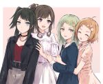  4girls ^_^ ahoge bang_dream! bang_dream!_it&#039;s_mygo!!!!! belt black_belt black_choker black_hair black_jacket blue_dress borrowed_hairstyle braid braided_bangs brown_hair bullfalk choker closed_eyes clothing_cutout commentary d4dj dress flower green_hair grey_skirt hair_flower hair_ornament highres hug hug_from_behind jacket jewelry long_hair medium_hair mizushima_marika multiple_girls necklace open_mouth orange_dress purple_eyes red_shirt shirt short_hair short_sleeves shoulder_cutout side_ponytail skirt sweatdrop takeshita_miiko voice_actor_connection wakaba_mutsumi white_shirt white_skirt yahata_umiri 