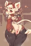  1girl 7010 ass blush brown_hair detached_sleeves dofus ecaflip eyebrows fingerless_gloves from_behind furry gloves huge_ass looking_back pussy red_eyes saliva solo spread_pussy thick_thighs thighs tongue torn_clothes twintails uncensored wide_hips zipper 