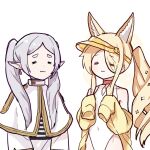  2girls :3 =_= animal_ear_fluff animal_ears bare_shoulders blue_archive capelet choker commentary_request covered_navel cross_halo crossover diamond_cutout drill_hair drill_ponytail elf eyes_visible_through_hair fox_ears fox_girl frieren grey_hair hair_ornament hair_over_one_eye halo highleg highleg_one-piece_swimsuit jacket long_hair long_sidelocks long_sleeves multiple_girls off_shoulder official_alternate_costume official_alternate_hairstyle one-piece_swimsuit parted_bangs pointy_ears red_choker seia_(blue_archive) seia_(swimsuit)_(blue_archive) shirt side_ponytail sidelocks simple_background sleeves_past_fingers sleeves_past_wrists sousou_no_frieren striped_clothes striped_shirt swimsuit tanezaki_atsumi twintails uranium10 voice_actor_connection white_background white_capelet white_one-piece_swimsuit yellow_halo yellow_jacket yellow_visor 