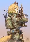  1girl american_flag ammunition_pouch animal_ears ass assault_rifle back backpack bag belt belt_pouch blonde_hair blue_background brown_background bulletproof_vest camouflage camouflage_bag camouflage_belt camouflage_jacket camouflage_pants cowboy_shot dated english_commentary eotech first_aid flag_patch flashlight fox_ears fox_girl fox_tail glock gradient_background green_eyes grin gun handgun highres holding holding_gun holding_weapon holster jacket jpc laser_sight load_bearing_vest logo long_sleeves looking_at_viewer looking_back magazine_(weapon) military_combat_uniform military_operator military_uniform optical_sight original pants pouch rifle short_hair sig_mcx simple_background smile solo standing suppressor tail trigger_discipline unit_patch weapon zipper zipper_pull_tab 