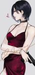  1girl ada_wong bare_shoulders black_choker black_hair bracelet breasts chinese_commentary choker cleavage closed_mouth collarbone commentary_request cowboy_shot crossed_arms dress grey_background gun heart holding holding_gun holding_weapon jewelry lips looking_to_the_side medium_breasts meow_(cindy738) pink_lips red_dress resident_evil short_hair solo spaghetti_strap weapon 