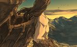  bad_id bad_pixiv_id brown_hair elona facing_away harusame_(rueken) long_hair male_focus mountain muscle opatos_of_earth rock shirtless solo wings 