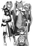  2025_hatsune_miku_look-alike_contest 3girls :/ absurdres alternate_costume animal_ear_headphones animal_ears arm_tattoo arm_warmers belt bow bright_pupils cat_ear_headphones character_doll character_print commentary cropped_shirt diagonal-striped_bow doll dress eyelashes fake_animal_ears fuwapuchi gir_(dog_costume)_(invader_zim) gir_(invader_zim) greyscale hand_puppet hand_up hat hatsune_miku headphones highres holding holding_stuffed_toy invader_zim kekel looking_at_viewer mcdonald&#039;s mesmerizer_(vocaloid) monochrome multiple_girls navel necktie off-shoulder_shirt off_shoulder pantyhose pleated_skirt puppet shakacat shirt shorts simple_background single_arm_warmer skirt sleeveless sleeveless_shirt striped_arm_warmers striped_clothes striped_shirt stuffed_toy tattoo thighs tie_clip torn_clothes torn_pantyhose vertical-striped_clothes vertical-striped_shirt visor_cap vocaloid white_background white_belt 