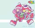  2girls ;d amitie_(puyopuyo) blonde_hair blue_background blue_eyes christmas copyright_name curly_hair full_body gift gloves green_eyes hand_on_hip hat long_hair multiple_girls official_art one_eye_closed open_mouth pink_hair puyo_(puyopuyo) puyopuyo puyopuyo_fever raffine_(puyopuyo) santa_hat shoes short_hair skirt smile striped striped_legwear takenami_hideyuki thighhighs wallpaper 