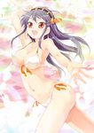  :d bare_shoulders bikini black_hair blush breasts cleavage front-tie_top hairband haruna_(kantai_collection) headgear kantai_collection large_breasts long_hair looking_at_viewer open_mouth orange_eyes outstretched_hand porurin side-tie_bikini smile solo swimsuit thighs wet 