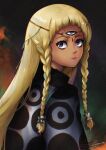  1girl absurdres blonde_hair braid closed_mouth commentary dark-skinned_female dark_skin eupha_(metaphor:_refantazio) highres lips long_hair looking_at_viewer max_art149 metaphor:_refantazio mixed-language_commentary pink_lips poncho purple_eyes signature solo third_eye twin_braids 