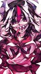  bad_id bad_pixiv_id black_hair breasts grin horns kijin_seija looking_at_viewer medium_breasts multicolored_hair naganegi open_mouth pink_skin red_hair red_ribbon ribbon sharp_teeth shirt smile solo teeth touhou upper_body white_hair white_shirt 