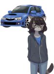 2025 anthro black_clothing black_hair black_hoodie black_topwear blue_bottomwear blue_clothing blue_pants blue_shirt blue_topwear bottomwear brown_eyes car cat_sona_(mr-shin) clothing domestic_cat felid feline felis front_view fur grey_body grey_fur hair hi_res hoodie inner_ear_fluff looking_at_viewer male mammal markings mole_(marking) mr-shin pants pink_inner_ear pink_nose pupils shirt simple_background solo standing topwear tuft vehicle white_background white_inner_ear_fluff
