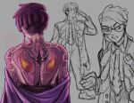  1boy arbok back back_tattoo character_print commentary corbeau_(pokemon) grey_background highres male_focus multiple_views off_shoulder partially_colored pokemon pokemon_legends:_z-a purple_hair redundantz short_hair tattoo undercut 