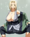  bare_shoulders blonde_hair breasts brown_eyes cameltoe cleavage hands_on_own_knees huge_breasts jewelry lips long_hair naruto naruto_(series) necklace otoi_rekomaru puckered_lips solo squatting tsunade 