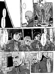  1girl 4boys balf brick_wall comic connie_springer evil_smile greyscale keith_shadis monochrome multiple_boys outdoors paradis_military_uniform parted_lips rena_(na-2) sasha_braus shingeki_no_kyojin smile speech_bubble spoken_ellipsis tail text_focus translated upper_body 