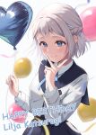  1girl absurdres balloon blue_eyes blue_ribbon blush braid character_name gakuen_idolmaster hair_ribbon halftone happy_birthday hatsuboshi_gakuen_school_uniform highres holding holding_balloon idolmaster jacket katsuragi_lilja miyuki_kotori ribbon ribbon_braid school_uniform short_hair simple_background smile solo upper_body v v_over_mouth white_background white_jacket 