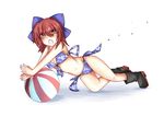  ball beachball bikini blush boots bow full_body hair_bow highres kona_(soyakimi) red_eyes red_hair sekibanki simple_background solo swimsuit touhou white_background 