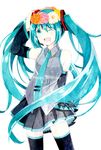  absurdres aqua_eyes aqua_hair bad_id bad_pixiv_id dated detached_sleeves happy_birthday hatsune_miku head_wreath headset highres hizuki_miya long_hair necktie one_eye_closed open_mouth skirt solo thighhighs twintails very_long_hair vocaloid white_background 