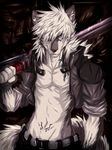  abs anthro bare_chest belt biceps black_nose canine clothing fangs fingerless_gloves fur gloves grey_fur grey_hair grin hair jacket kiba-wolf looking_at_viewer male mammal muscles open_shirt pants pecs pose purple_eyes scar shirt short_hair smile solo sressed standing sword tattoo teeth toned trousers weapon white_fur white_hair wolf 