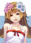  blonde_hair doughnut fangs flower food hair_flower hair_ornament long_hair monogatari_(series) nisemonogatari oshino_shinobu raijuu_(bakanara) red_eyes solo tongue 