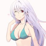  ;) bikini breasts cleavage heart large_breasts long_hair lyrical_nanoha mahou_shoujo_lyrical_nanoha mahou_shoujo_lyrical_nanoha_a's one_eye_closed red_eyes reinforce shirogane_(fox) silver_hair single_hair_intake smile solo swimsuit 