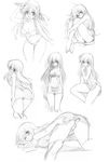 ass bikini breasts character_sheet china_dress chinese_clothes covered_nipples dress greyscale hat highres leg_hug long_hair looking_back medium_breasts mitarashi_kousei monochrome original simple_background swimsuit top-down_bottom-up white_background wince 